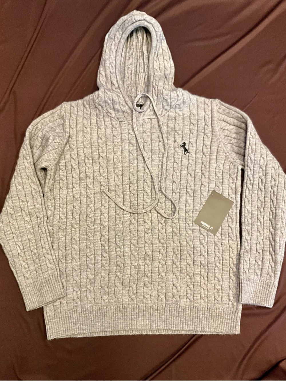 Forever 21 Light Gray Cable Knit Hooded Sweater